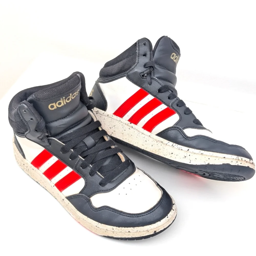 Kid's Adidas Hoops Mid size 5 pre-owned black white red stripe kids boys unisex
